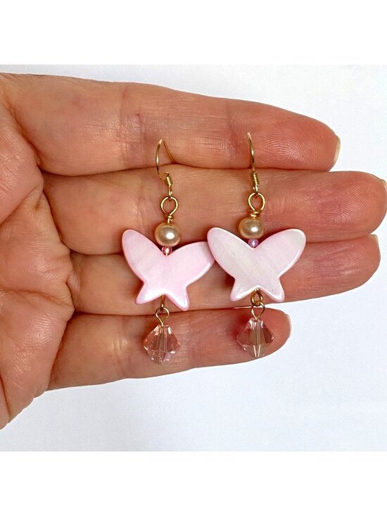Dietz Jewels Jewelry - Pink MOP Butterfly Pearls Swarovski Crystal Gold Filled Dangle Pierced Earrings